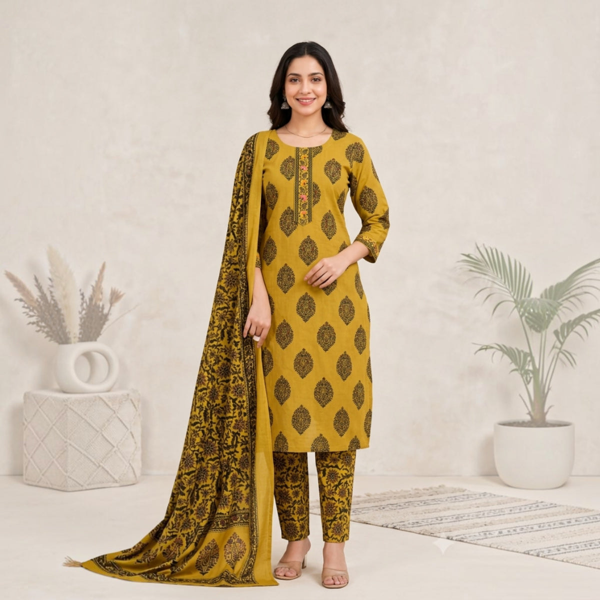 Aura Mustard Cotton Printed Set