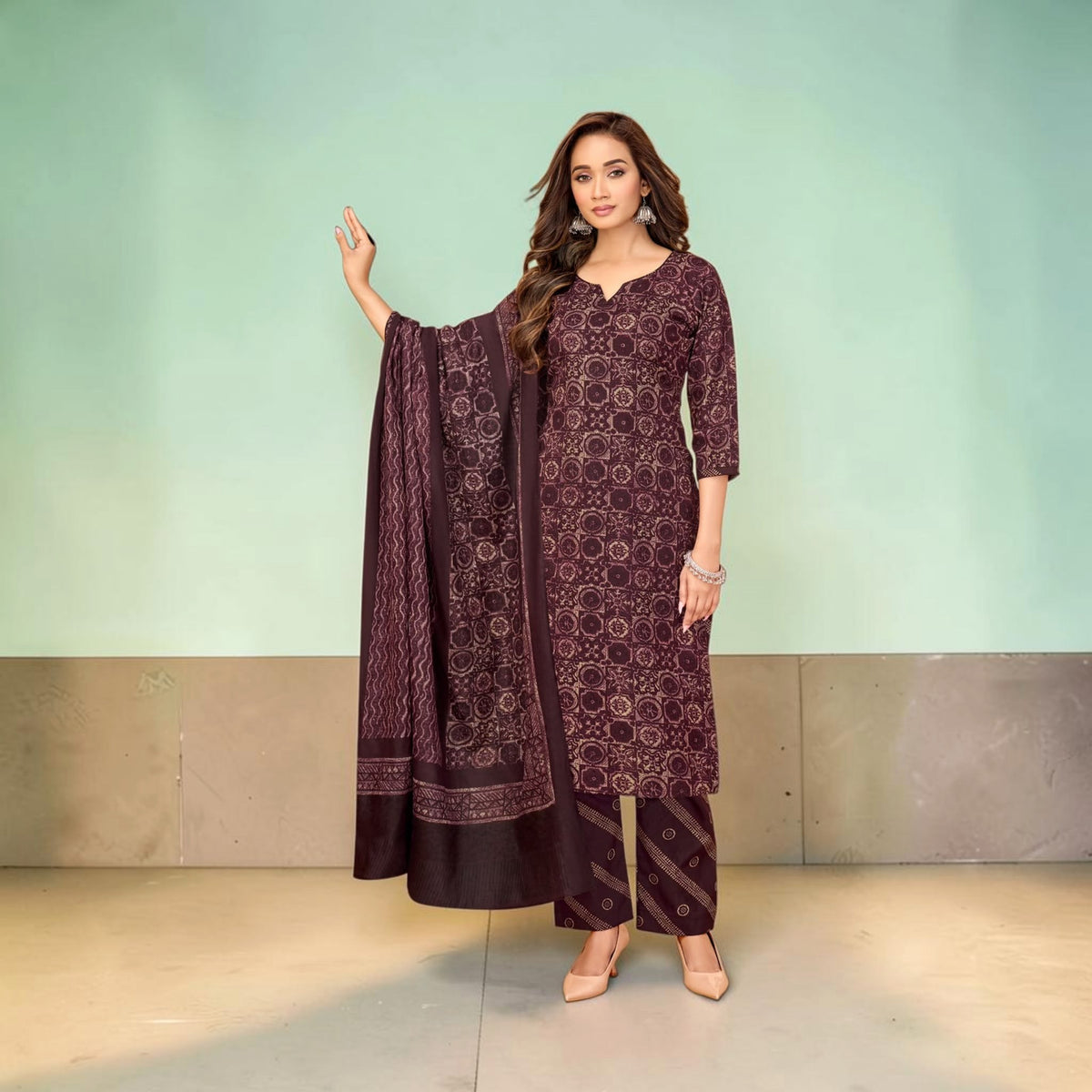 Plum Maroon Printed Straight Kurta with Palazzo Pants & Dupatta