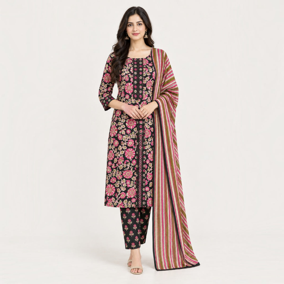 Elegant Floral Print Cotton 3-Piece Salwar Suit Set