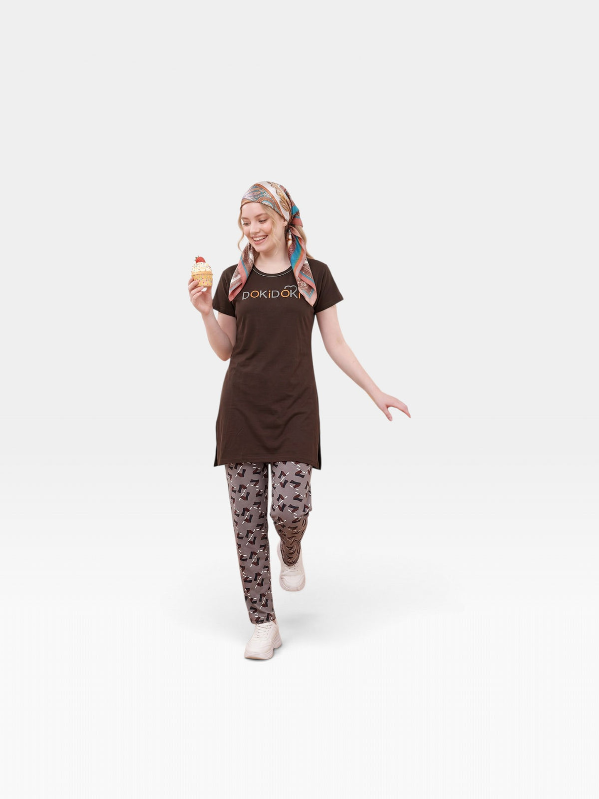 Women's Brown Printed Loungewear Set - Short Sleeve Tunic Top & Geometric Trousers