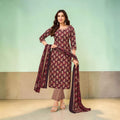 Deep Wine Floral Printed Kurti with Striped Trousers & Matching Dupatta