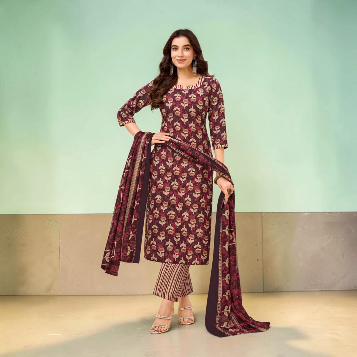 Deep Wine Floral Printed Kurti with Striped Trousers & Matching Dupatta