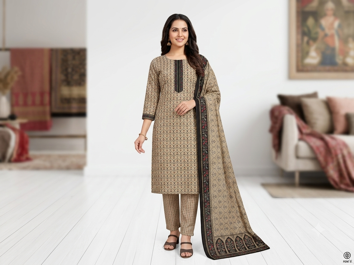 Beige Block Printed Pure Cotton Kurta Set with Dupatta