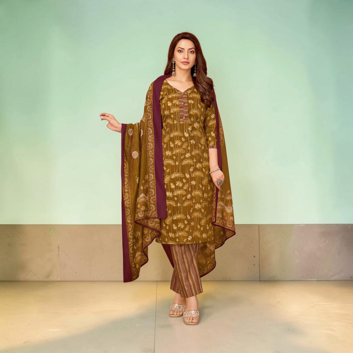 Olive Brown Floral Motif Kurti with Striped Trousers & Printed Dupatta
