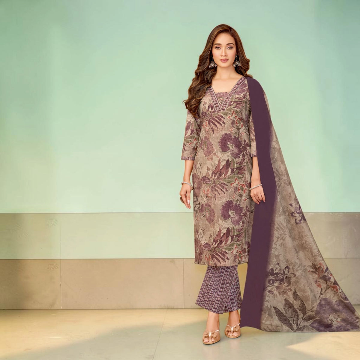 Dusty Pink & Plum Botanical Print Kurti with Trousers & Printed Dupatta