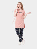 Women's Dusty Pink Graphic Tunic & Printed Trousers Loungewear Set