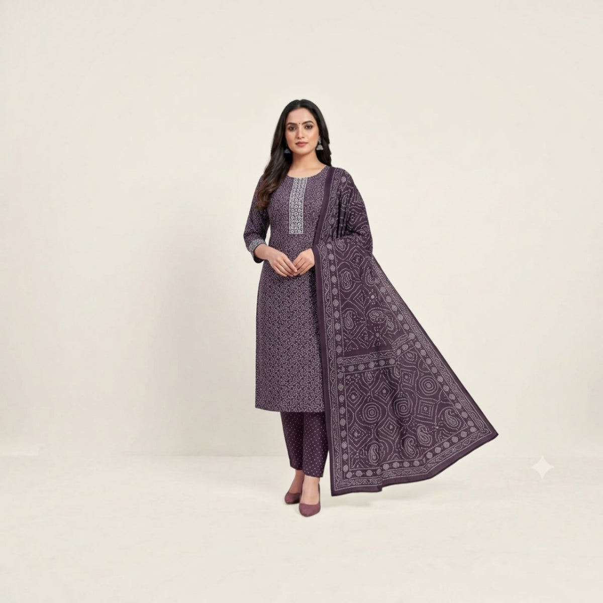 Dark Purple Bandhani Printed Cotton Suit Set