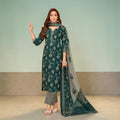 Dark Green Floral Printed Cotton Kurti with Striped Pants & Dupatta Set