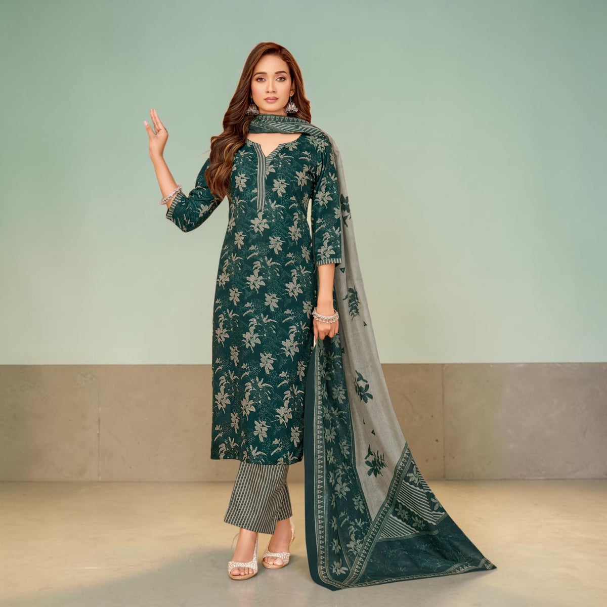 Dark Green Floral Printed Cotton Kurti with Striped Pants & Dupatta Set