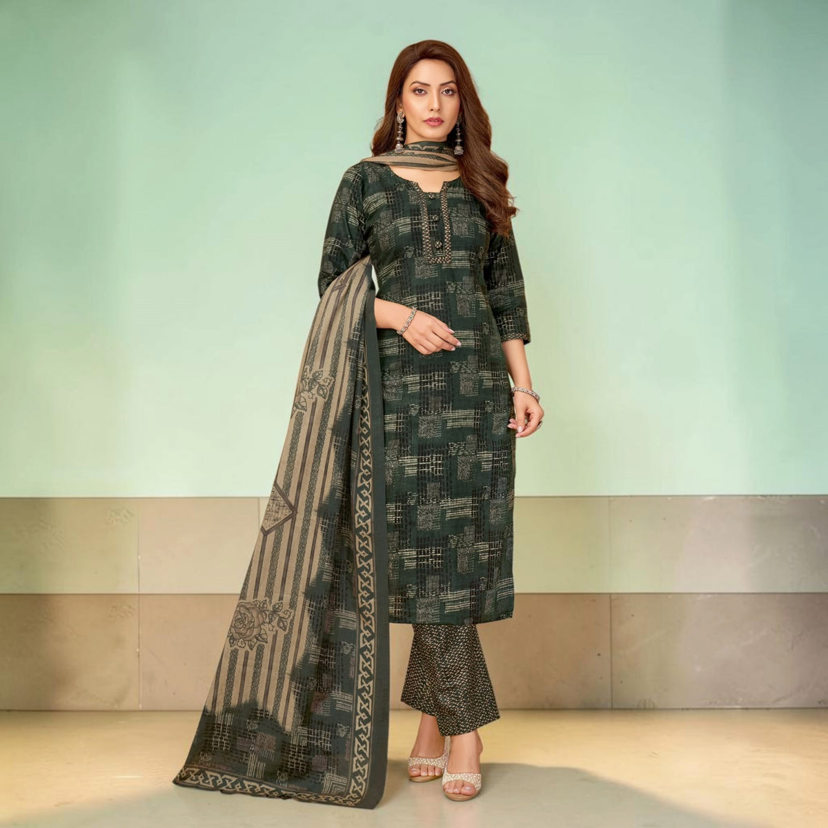 Bottle Green & Beige Abstract Print Straight Kurti with Trousers & Printed Dupatta