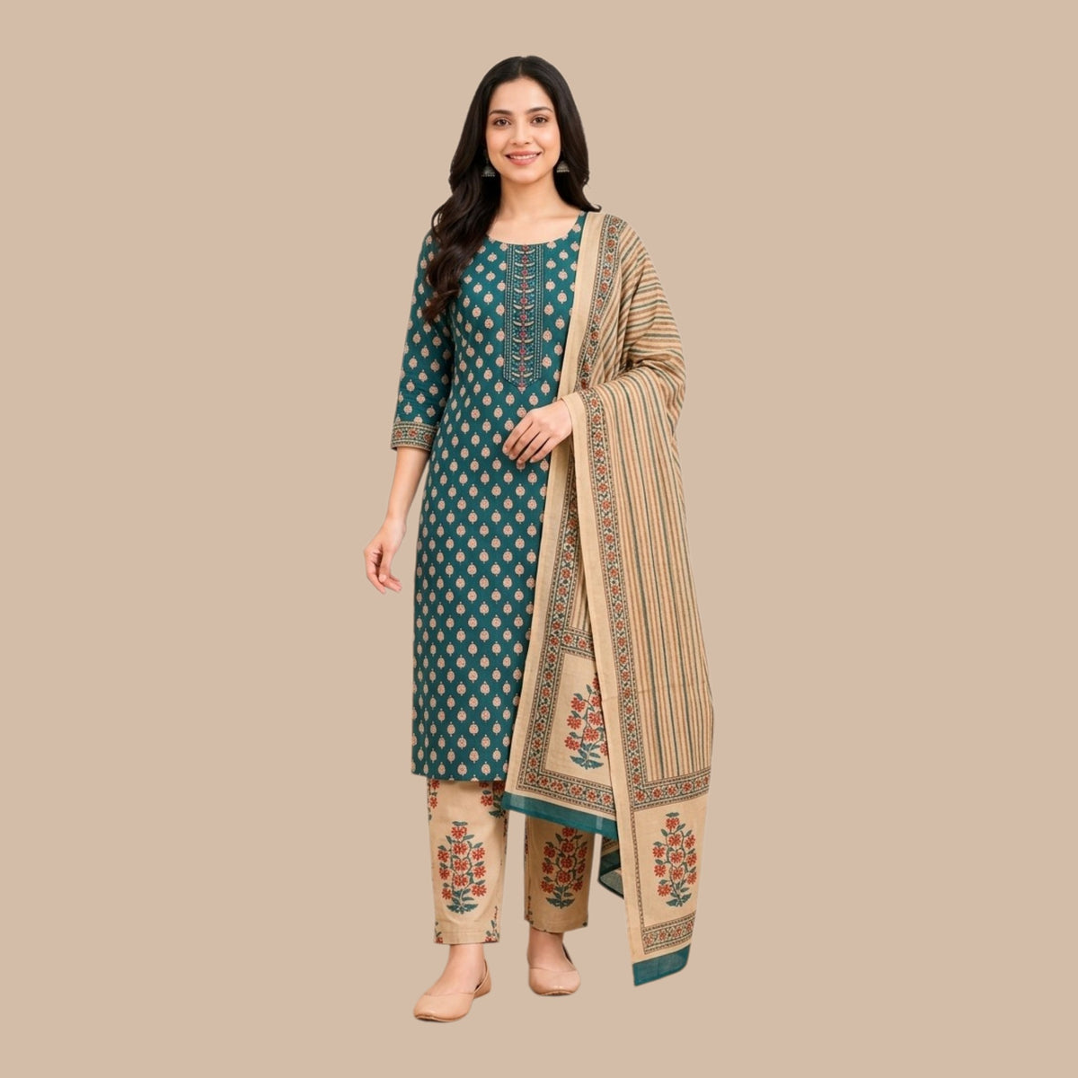 Ethnic Teal Green 3-Piece Cotton Suit